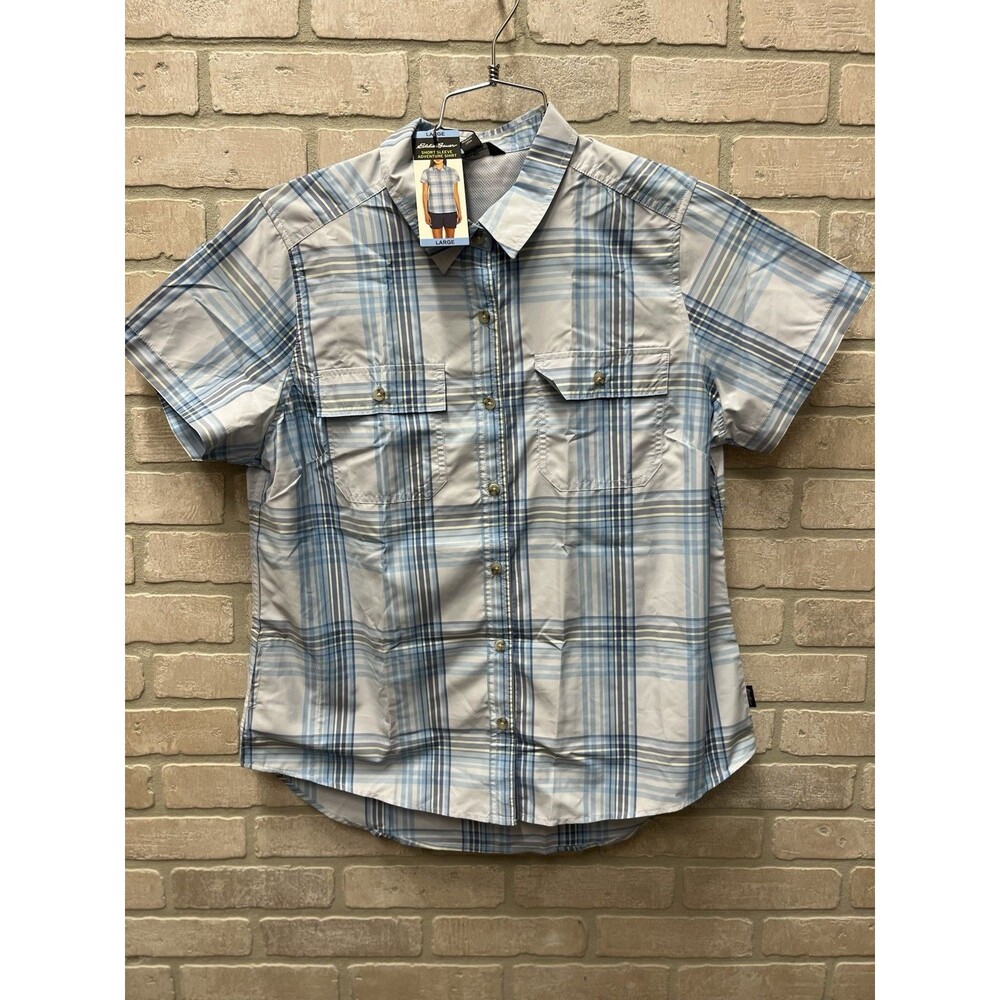 Eddie Bowers woman’s short sleeve Shirt light button down plaid Sz L 12/14 NWT